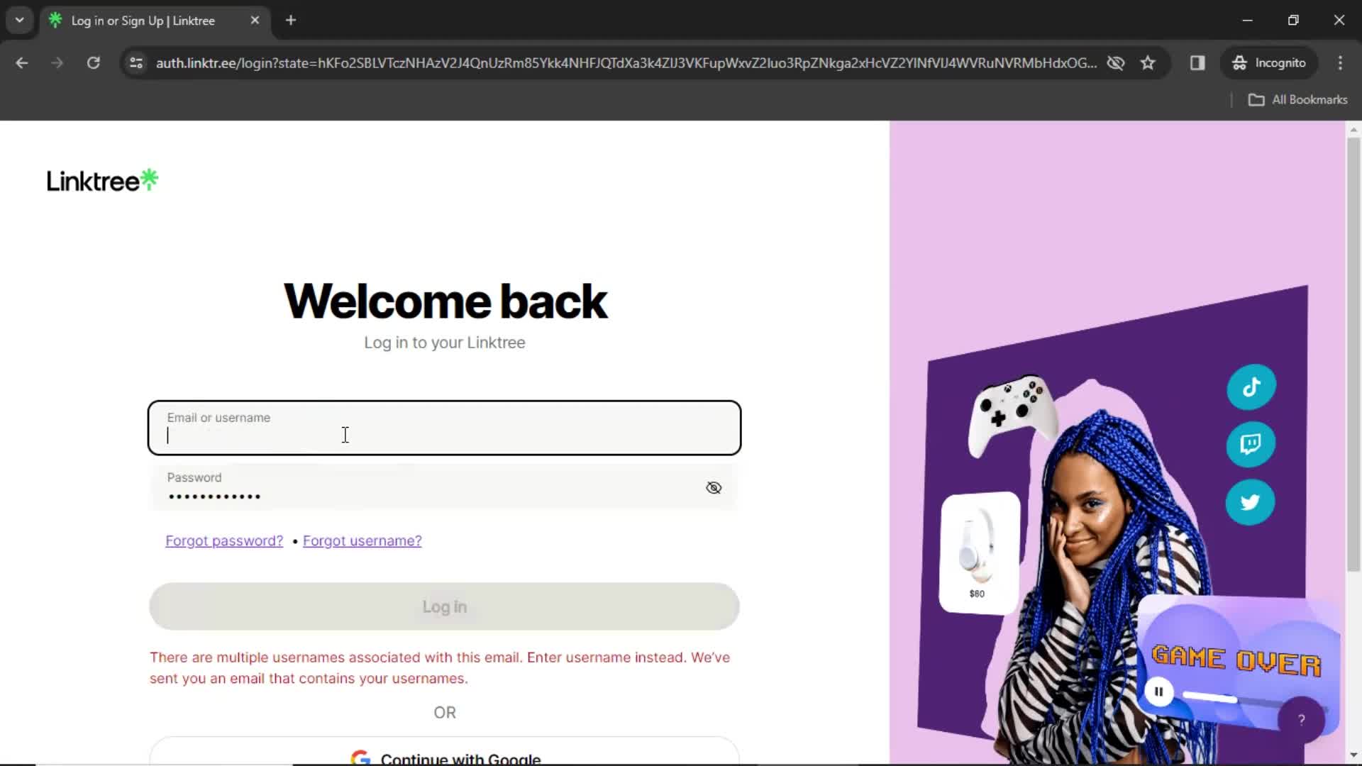 Logging in screenshot
