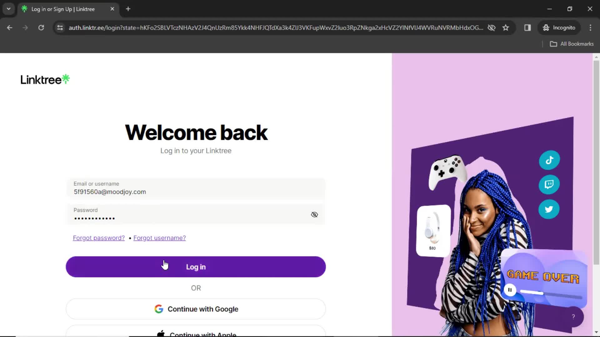 Logging in screenshot