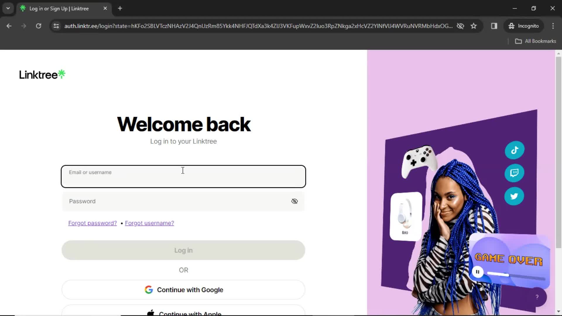 Logging in screenshot