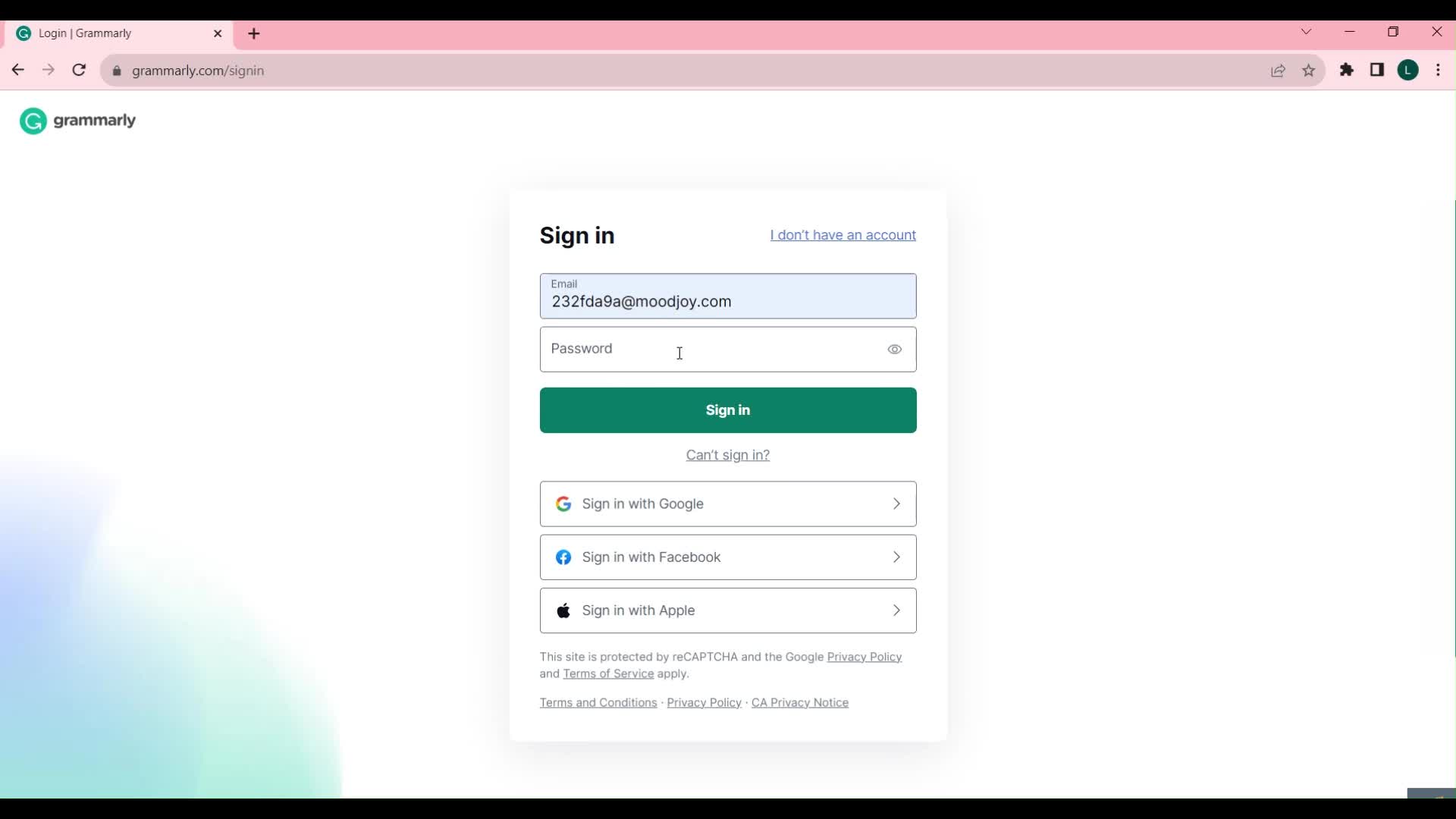 Password reset screenshot