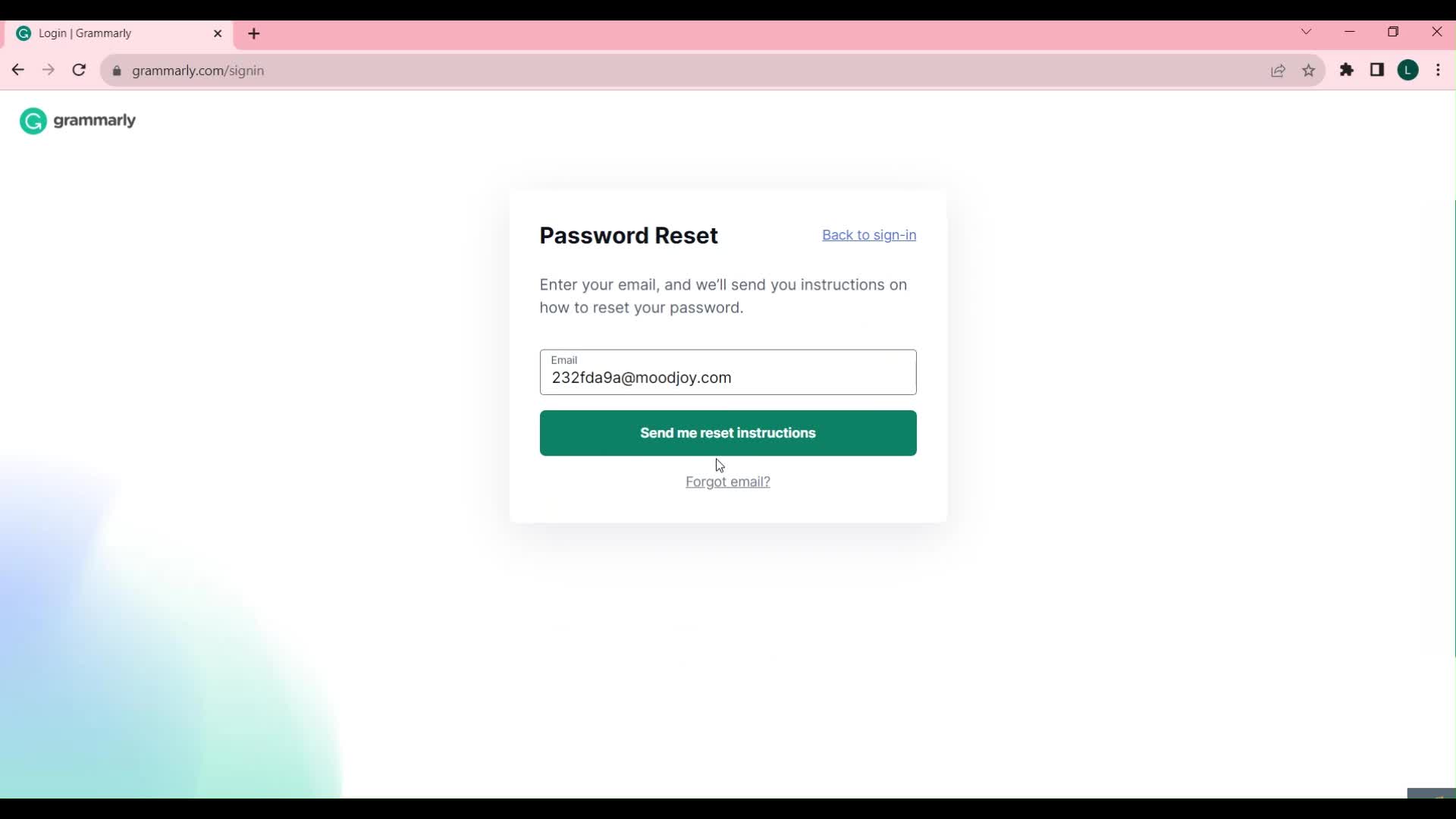 Password reset screenshot