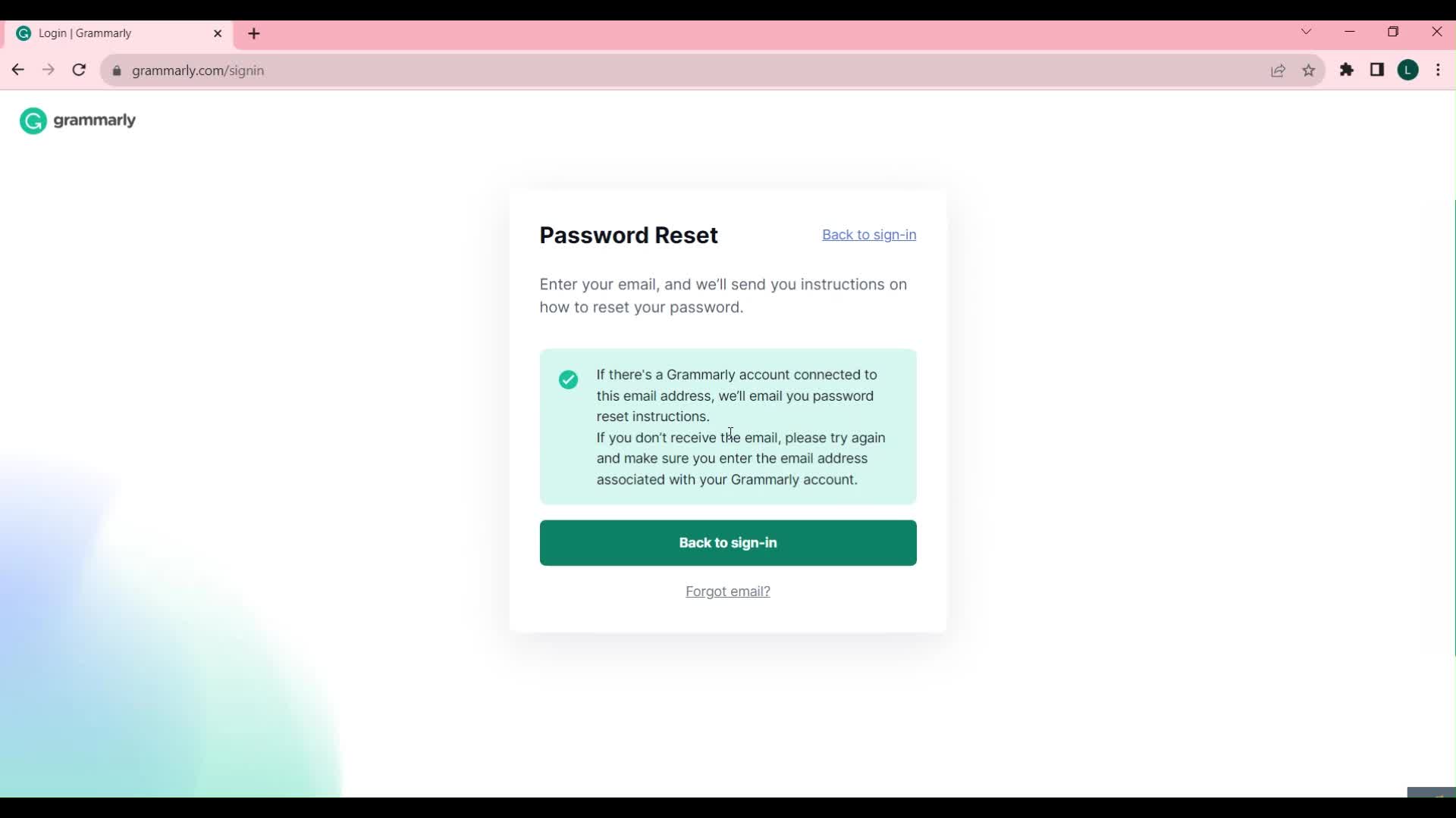 Password reset screenshot