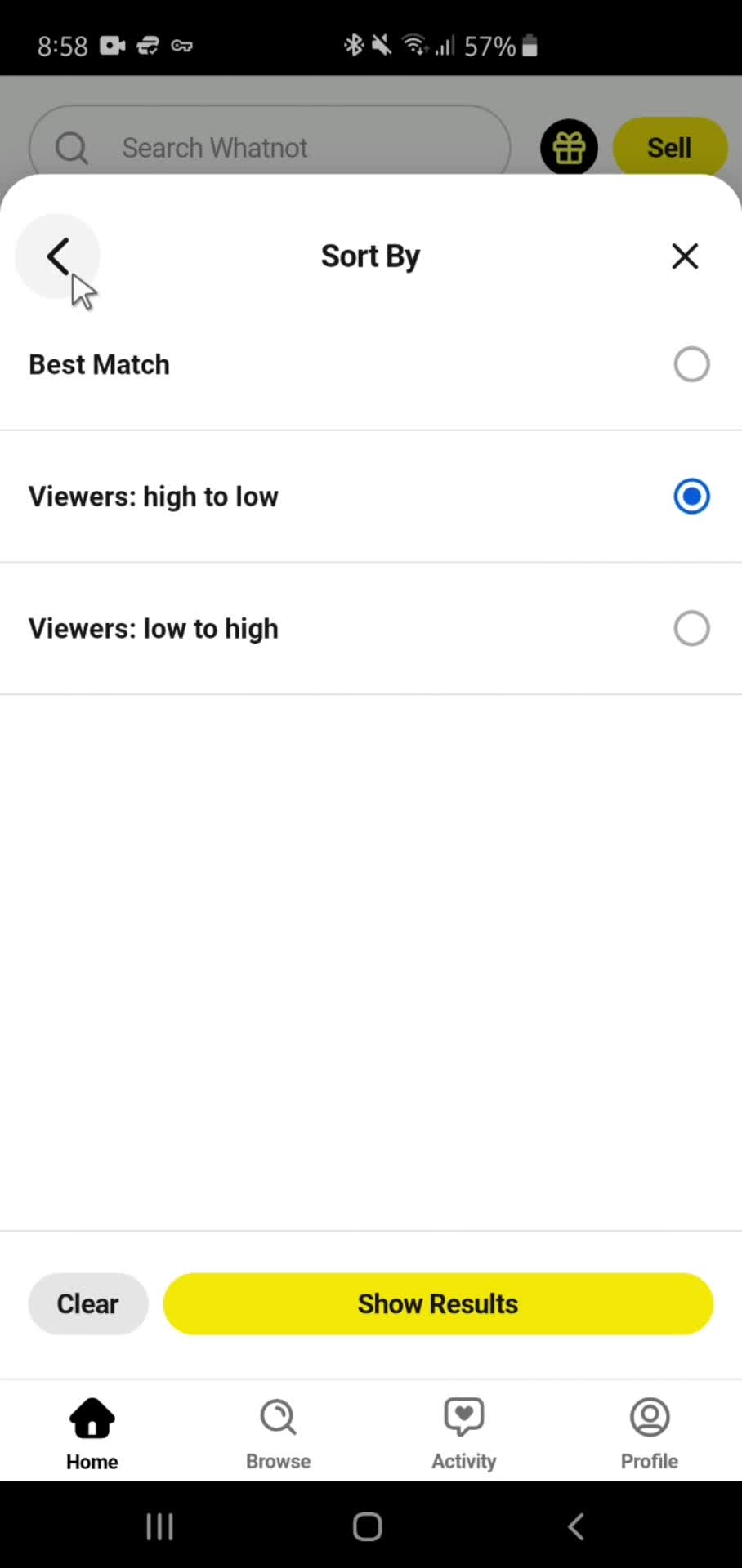 Filtering and sorting on Whatnot video thumbnail
