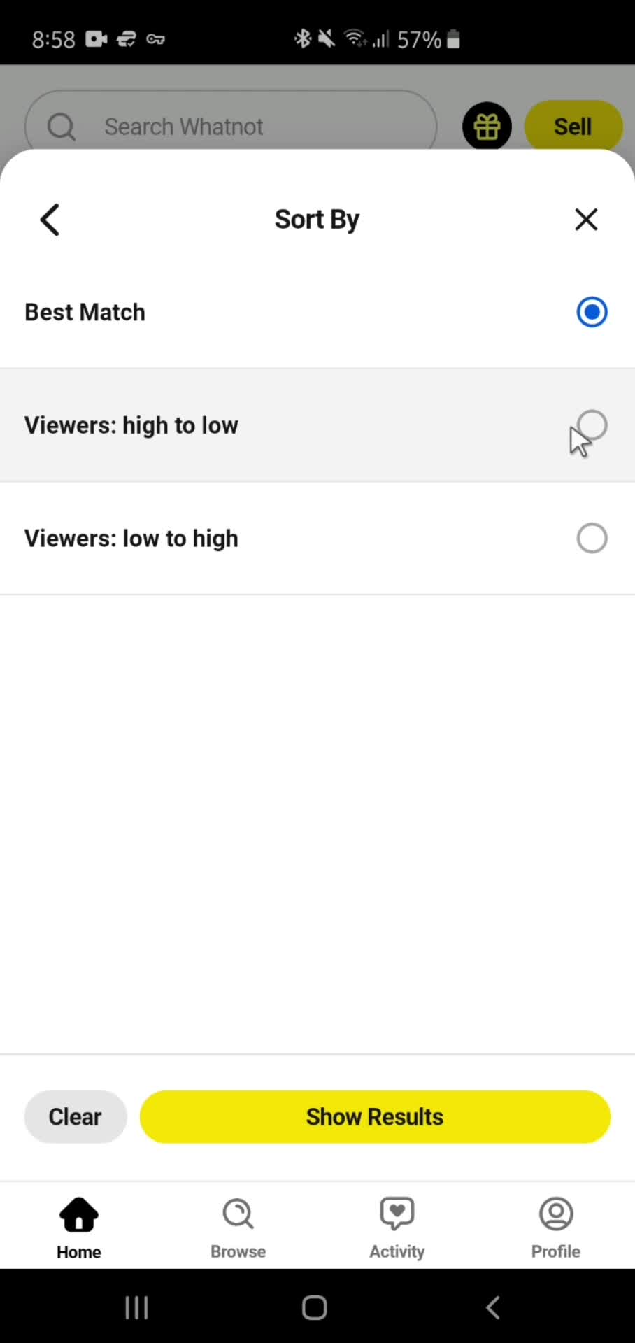 Filtering and sorting on Whatnot video thumbnail