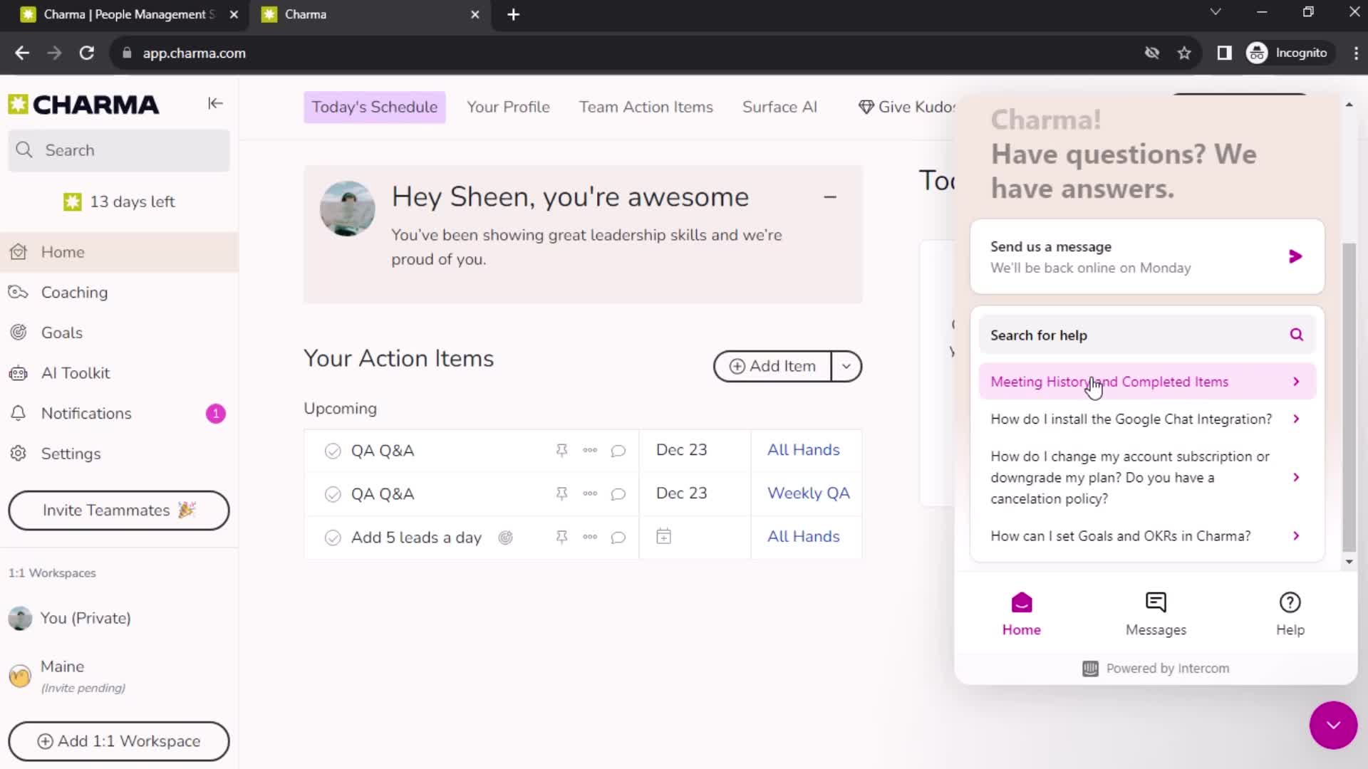 Help center screenshot