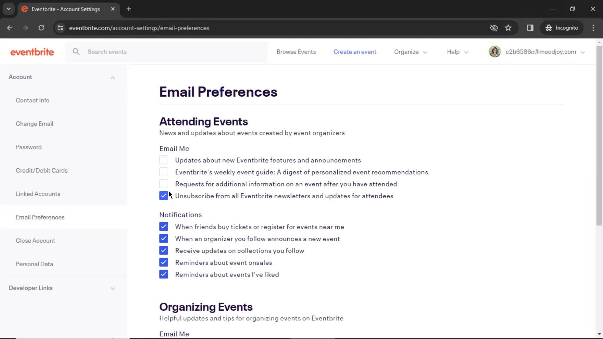 Updating email preferences screenshot
