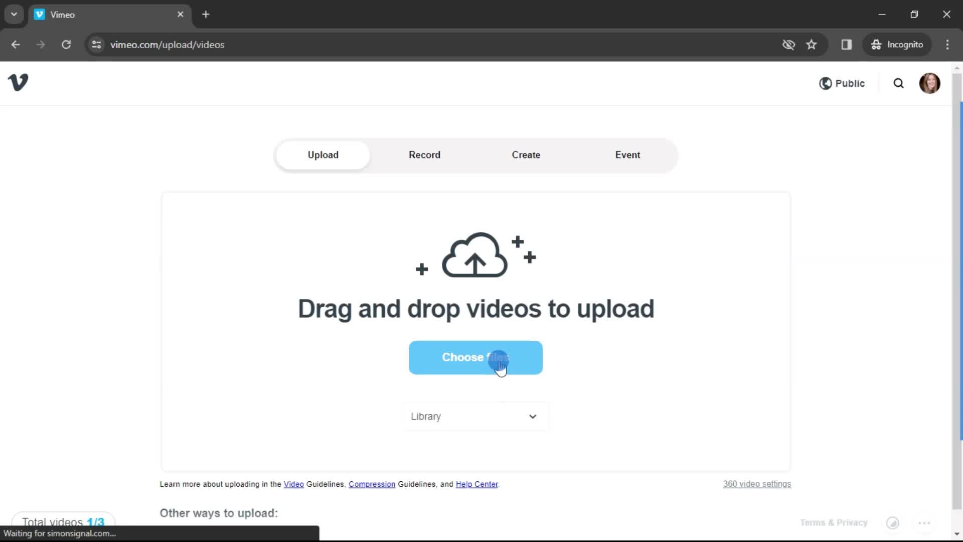 Uploading media screenshot