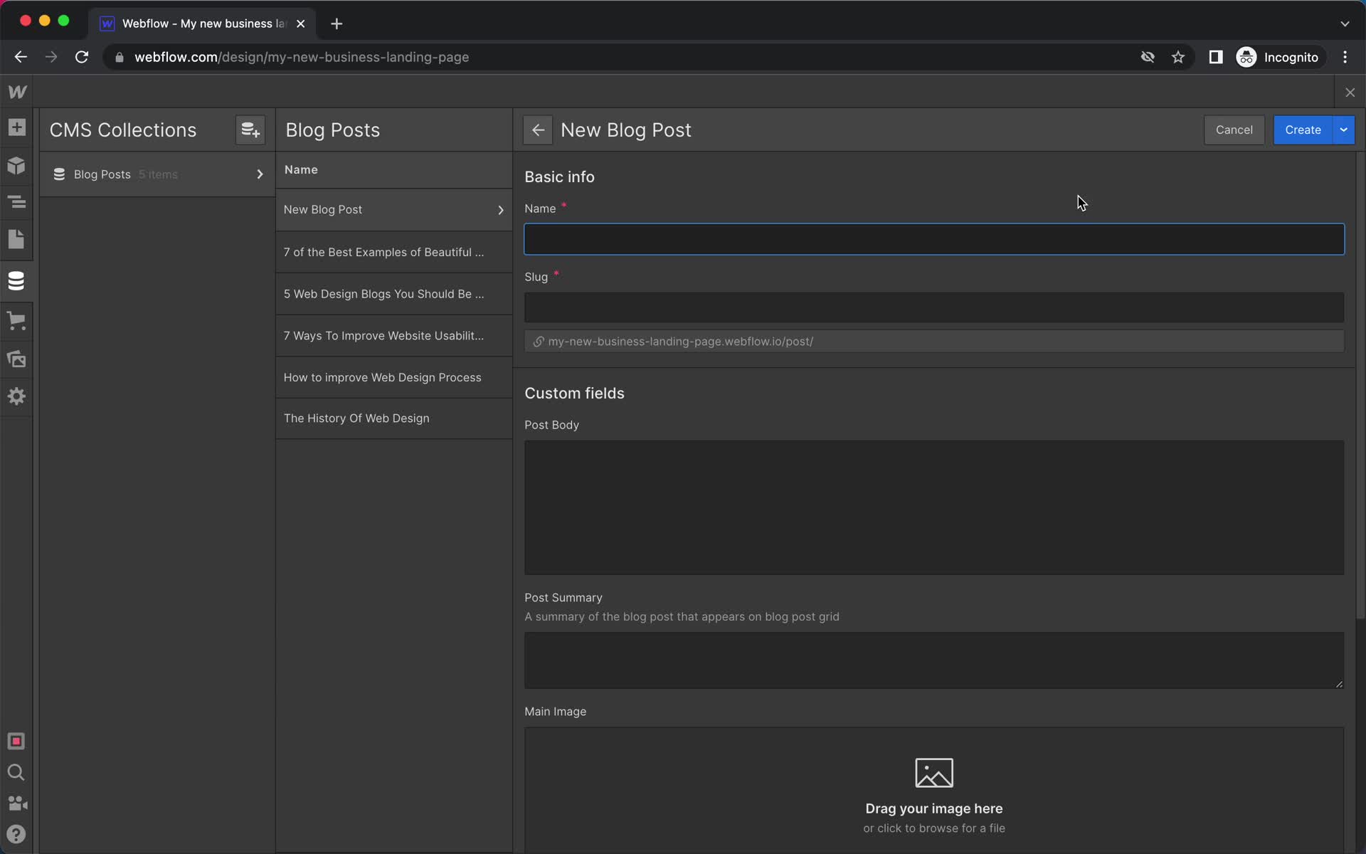 Creating a post on Webflow video thumbnail