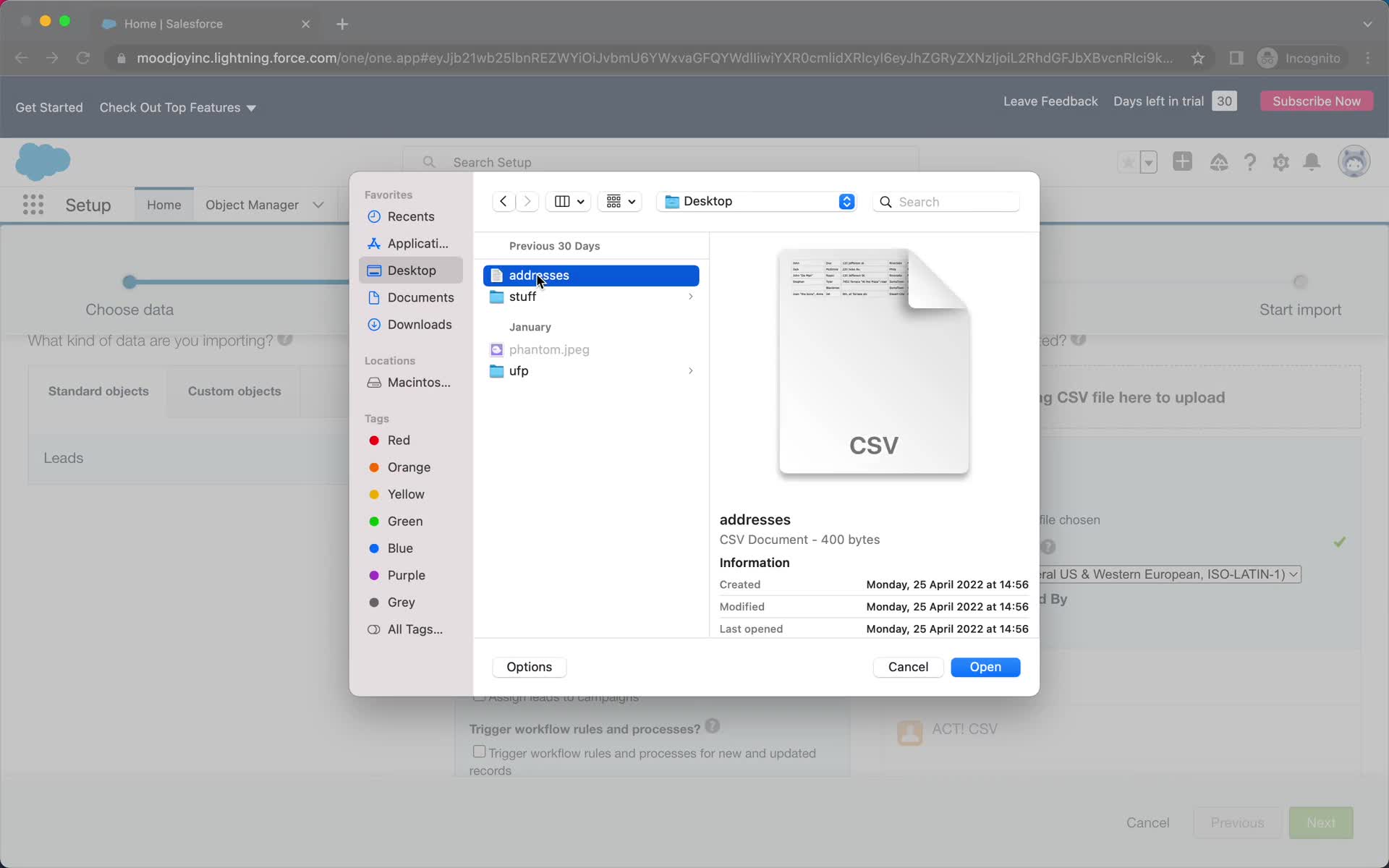 CSV import screenshot