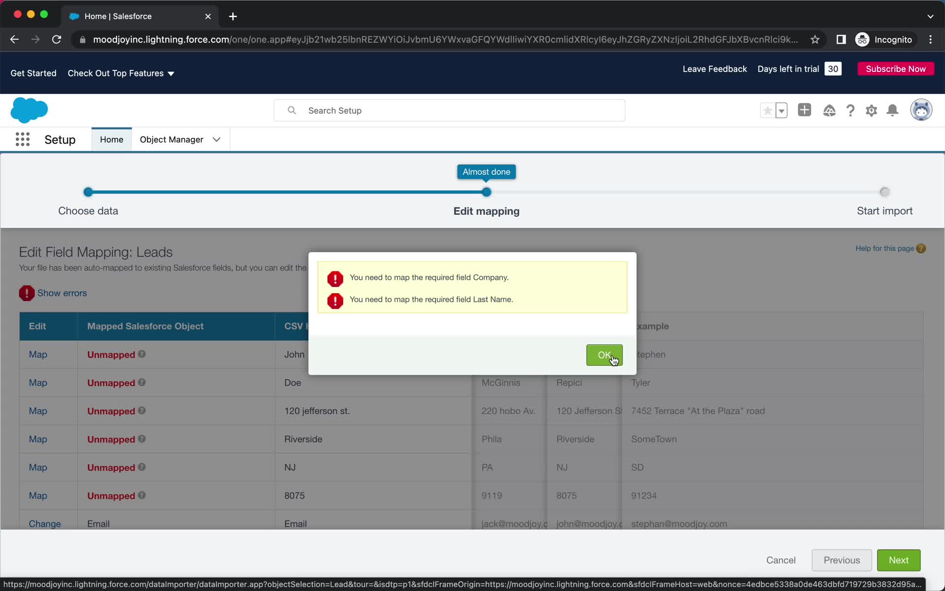 CSV import screenshot