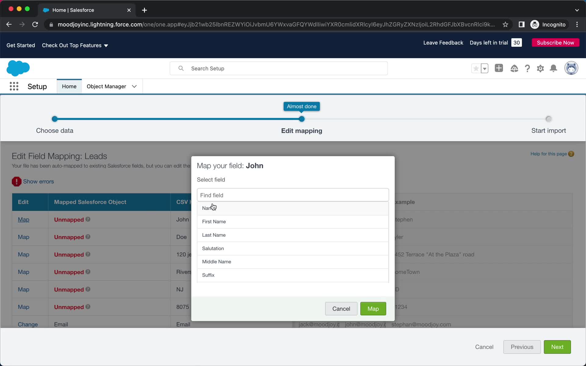 CSV import screenshot