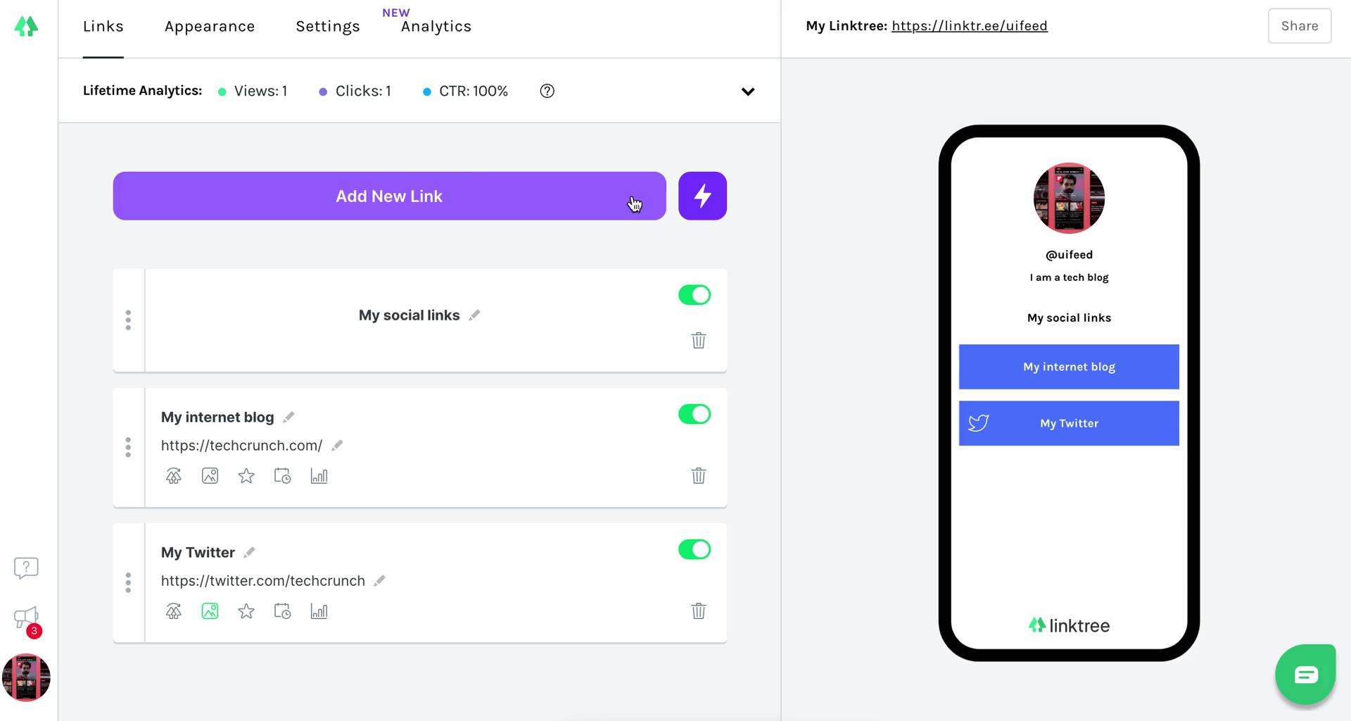 Customization settings on Linktree video thumbnail