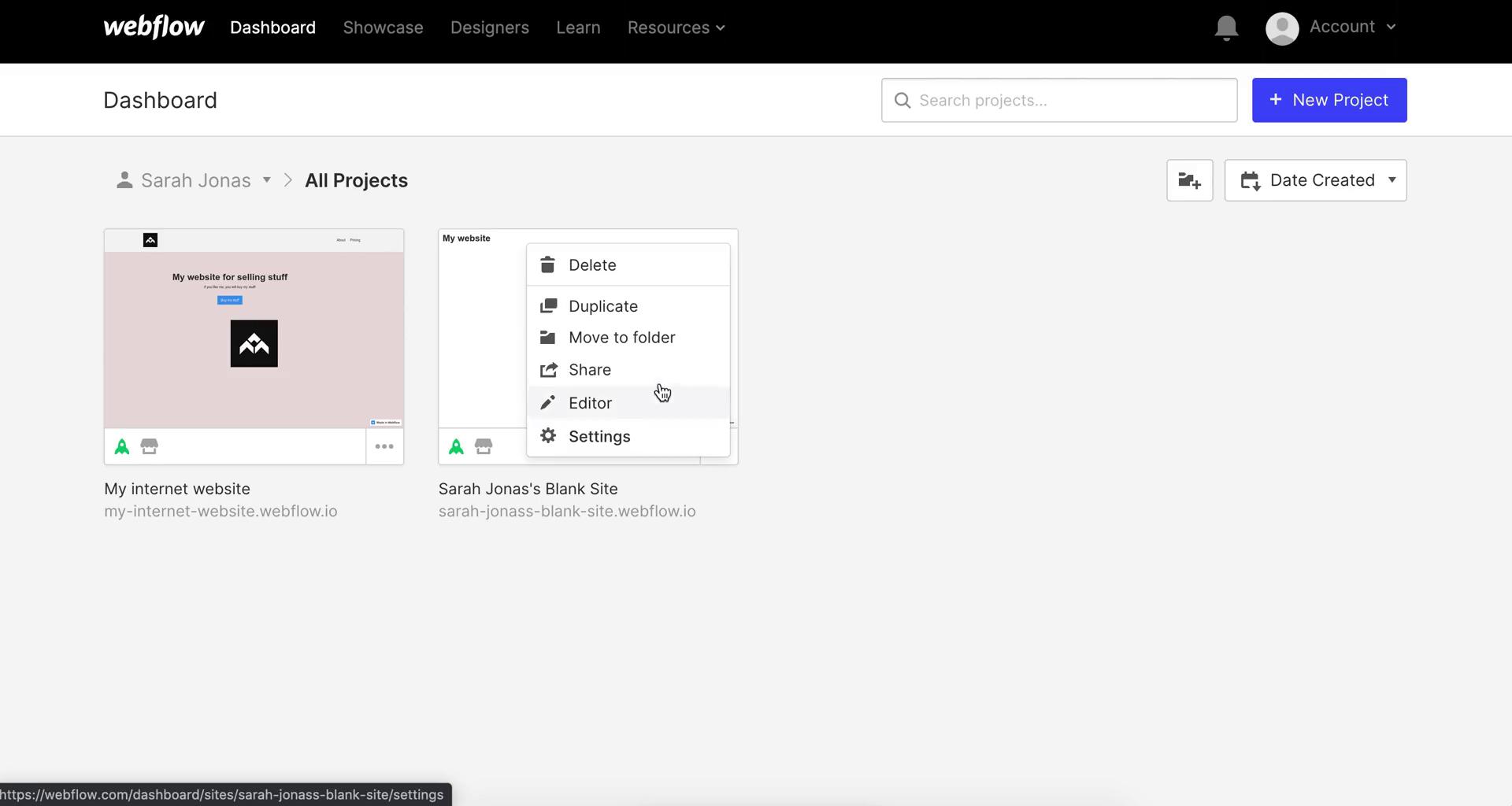 Deleting a project on Webflow video thumbnail