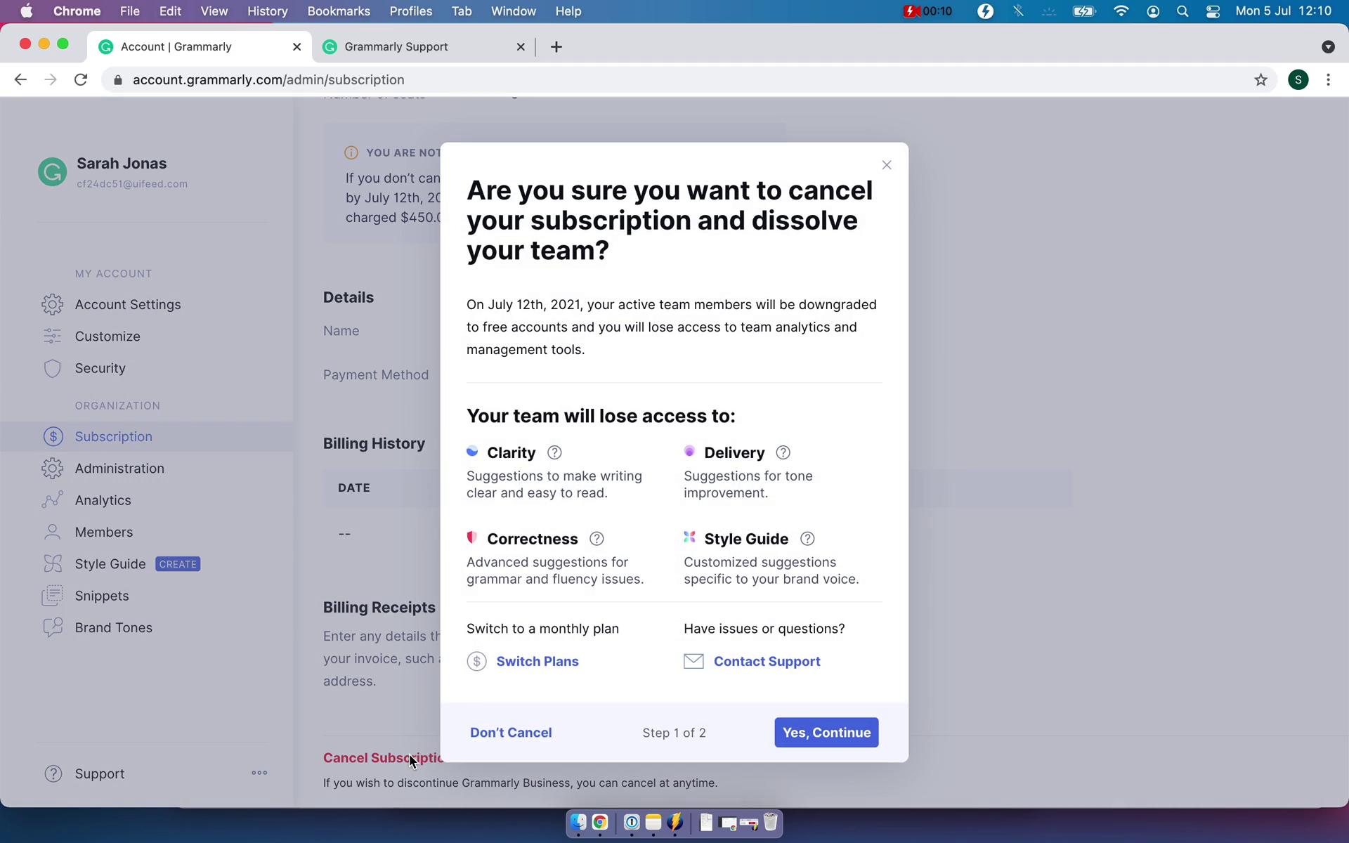 Cancelling your subscription screenshot