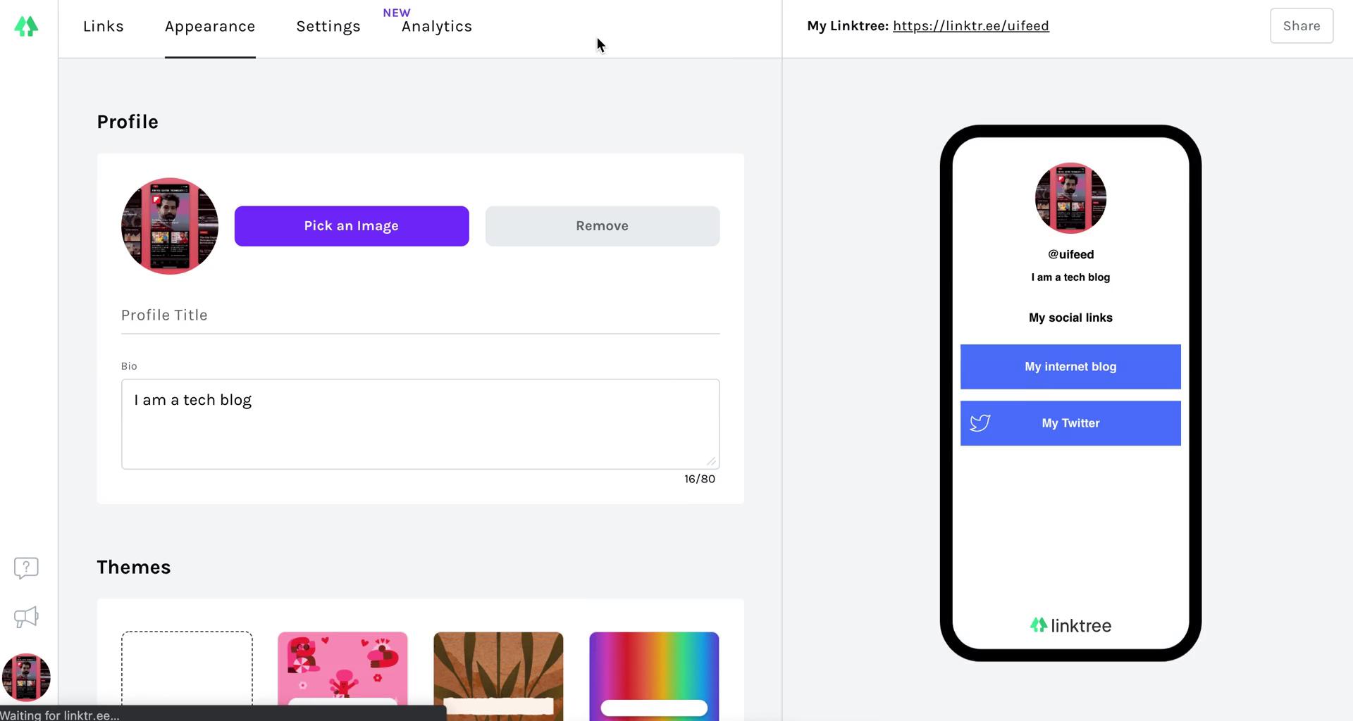 Customization settings on Linktree video thumbnail