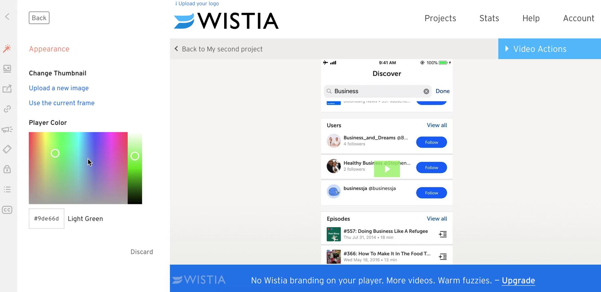 Editing a video on Wistia video thumbnail