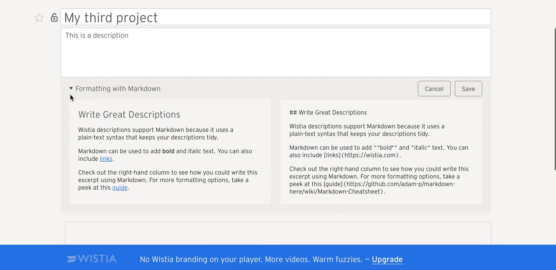 Creating a project on Wistia video thumbnail