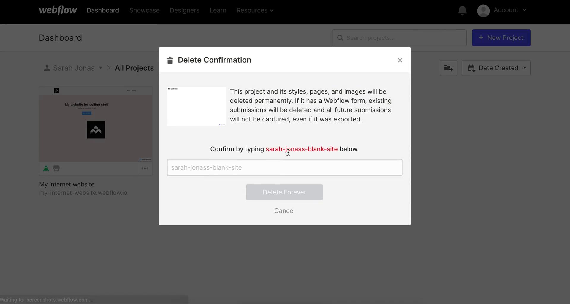 Deleting a project on Webflow video thumbnail