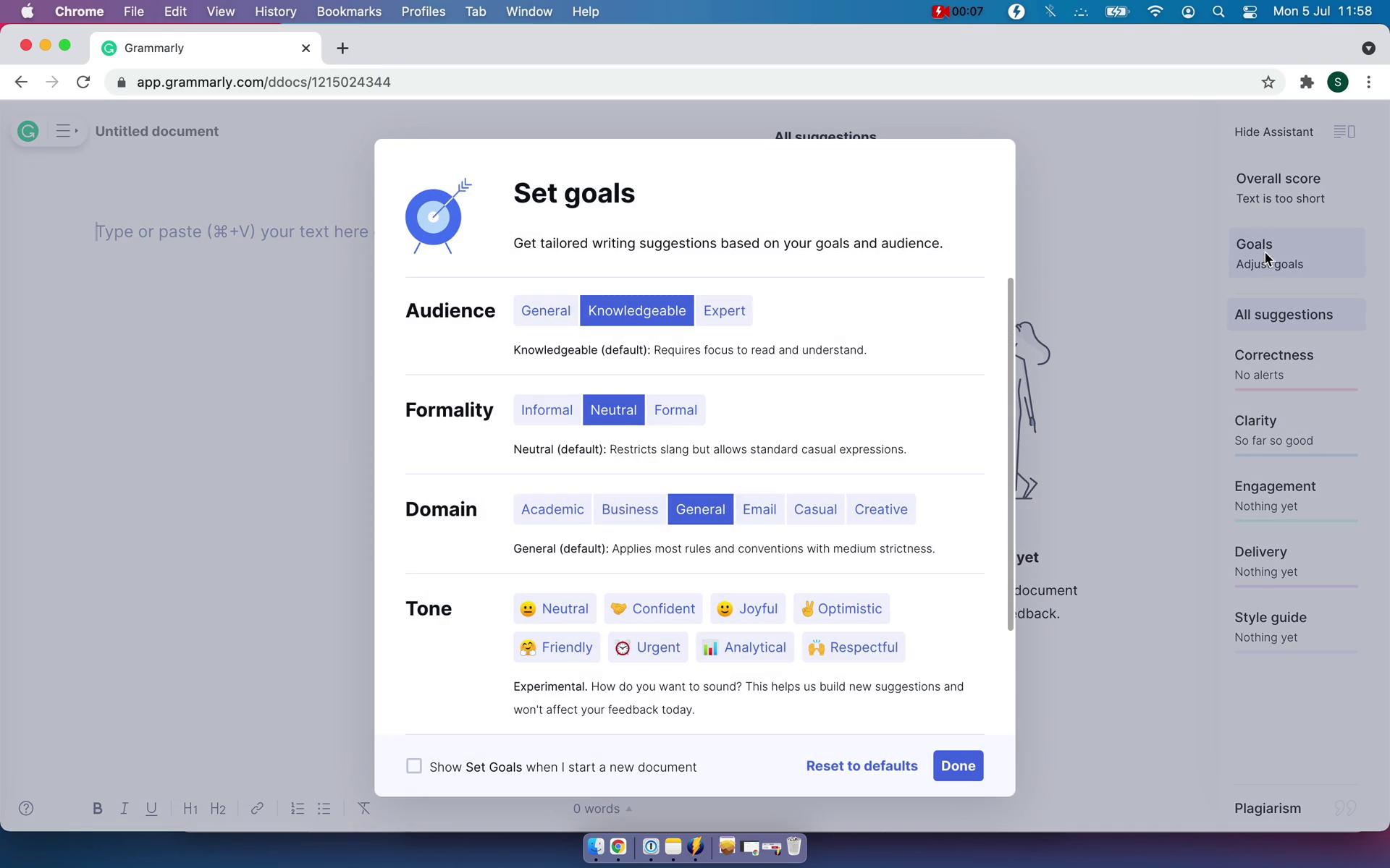 Setting goals screenshot