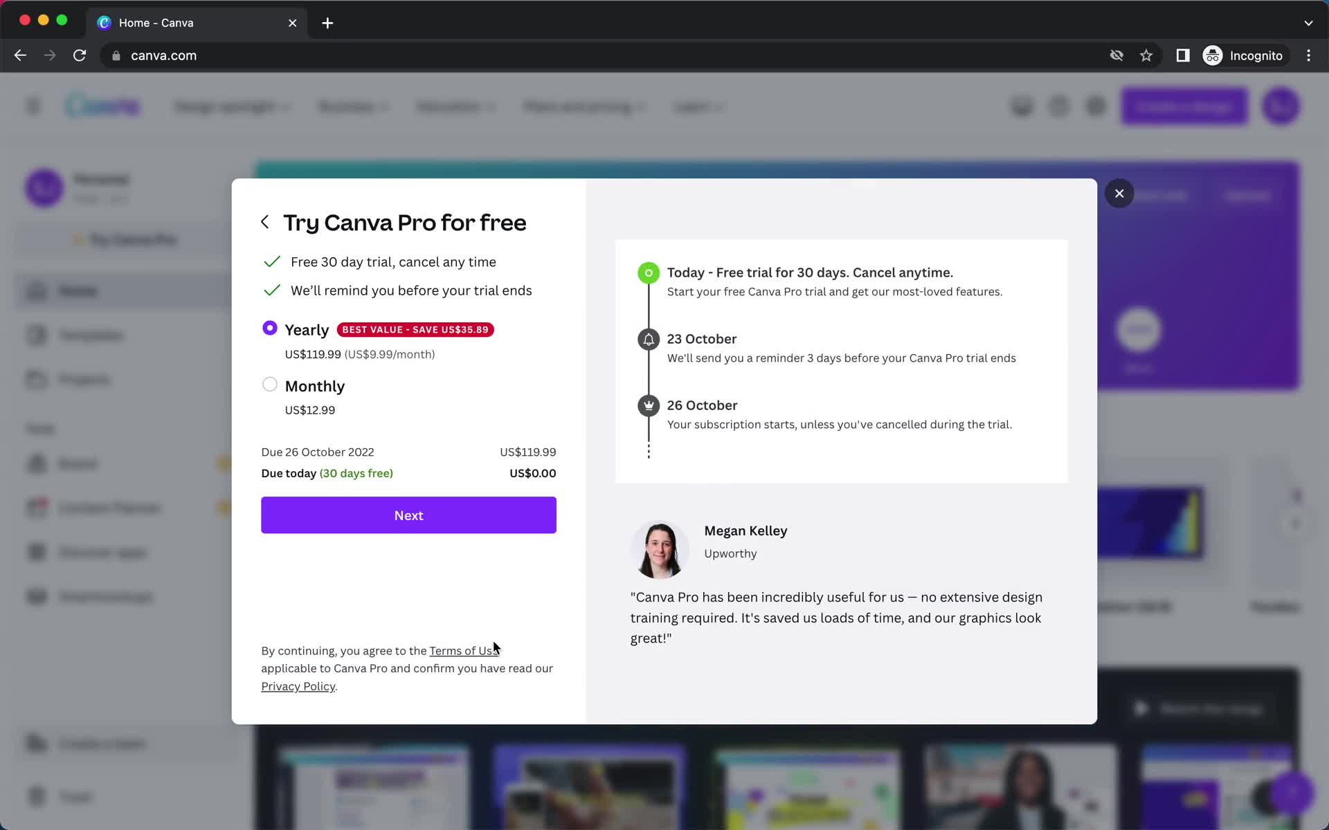Upgrading your account screenshot